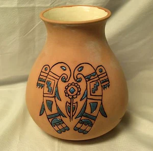 Vtg Signed Gourd Shaped USA Bisque Pottery Pot Turquoise Stylized Eagles Unique - Picture 1 of 12