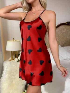 Heart Print Slip Nightdress, Crew Neck Criss Cross Back Sleep Dress, Women's Sle - Picture 1 of 3