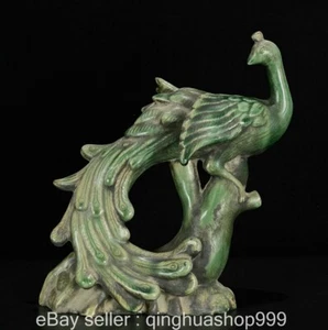 12.4" Old Chinese Marked Green Pottery Fengshui Animal Peacock Sculpture - Picture 1 of 9