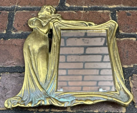 Brass Art Nouveau Lady by the Mirror Vanity Dresser Table Cover