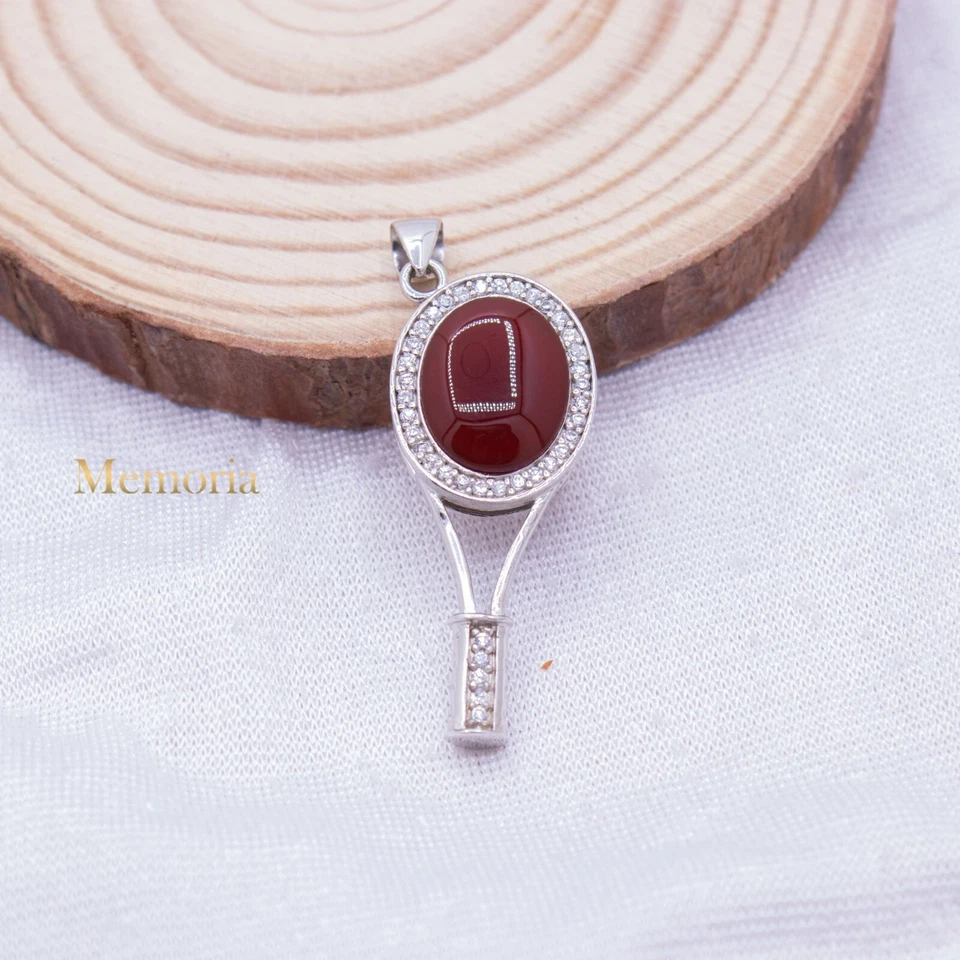 925 Argento Sterling Corniola & Cz Racchetta a Forma Di Ciondolo Mano Gioielli - Immagine 1 di 1