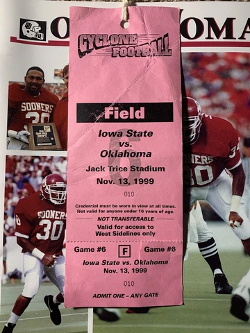 1999 Oklahoma Sooners Iowa State Cyclones Press/Field Pass Ticket Stub OU Norman Cover