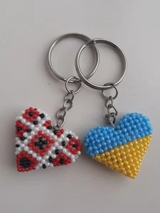Beaded keychain, heart shaped, Ukrainian flag and embroidered shirt handmade - Picture 1 of 5