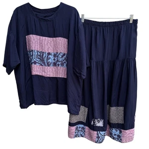 Fixsun Casual Vintage Seide Boho Festival fließend Bluse Rock Patchwork Set XL - Bild 1 von 11