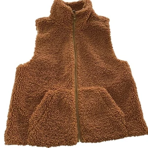 J Crew Vest Womens Medium Brown Teddy Sherpa Fleece Faux Fur Zip Pockets Cozy - Picture 1 of 10