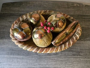 Vintage Terracotta Mexican Clay Pottery Braided Bowl of Fruit Brass Home Decor - Picture 1 of 8