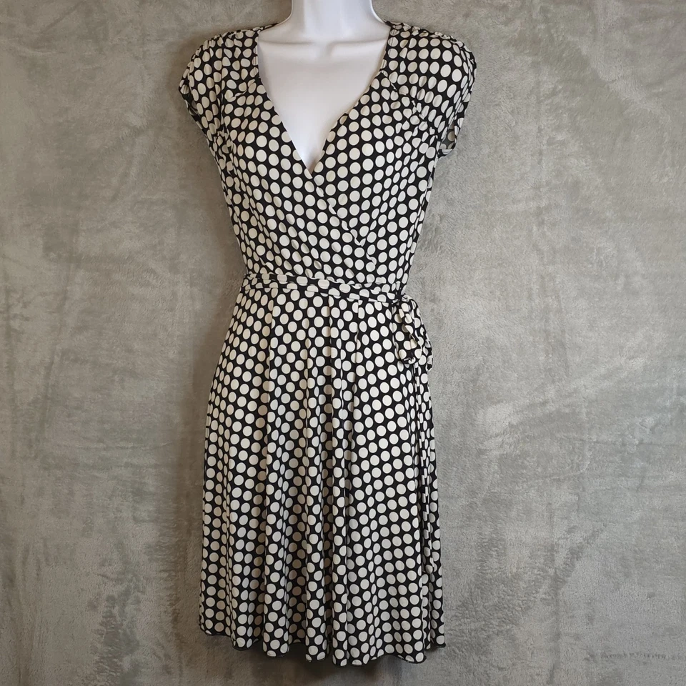 Vintage XOXO Polka Dot Faux Wrap Dress Black White Stretch Short Sleeve Sz S - Image 1 of 4