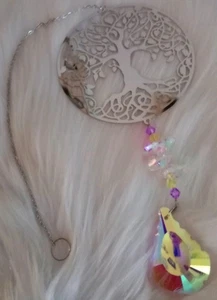 Silver Tree Of Life Iridescent Crystal Prism Sun Catcher Window Hanging 17" - Picture 1 of 4