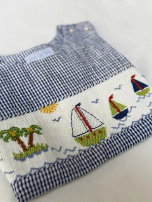 Vive La Fete Boys Smocked Seersucker Shortall Jon Jon Romper Set Easter 24 M - Image 1 of 4