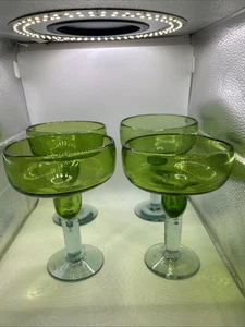 Set of 4 Margarita Glasses Handblown Green with Clear Stem Base Original - Picture 1 of 16