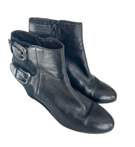 AGL Women's Sz 39 Black Leather Double Buckle Wedge Ankle Booties Made in Italy - Picture 1 of 10
