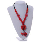 Statement Ceramic, Wood, Resin Tassel Black Cord Necklace (Red) - 54cm L/ 10cm