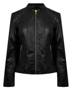 Biba Neru Collar Leather Biker Jacket Ladies Black Size 12 #REF99 - Picture 1 of 6