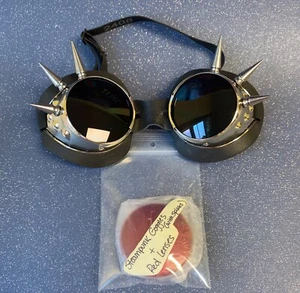 Steampunk Black Goggles Chrome Spike Gothic Welder Rechangeable Lens Halloween - Picture 1 of 6