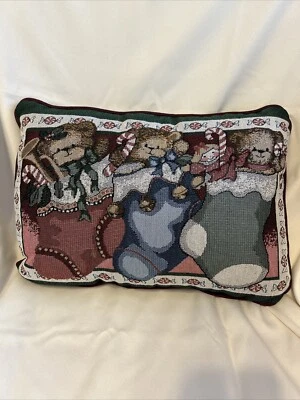 Vintage Christmas Tapestry Pillow 3 Teddy Bears in Stockings 16" x 12” - Image 1 of 4