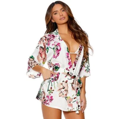 Bata Floral Satén Cierre Corbata Faja Cinturón Mangas 3/4 Kimono Estilo Charmeuse 11048 Foto 1 de 4