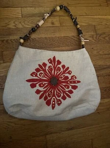 Nine West Jute Boho Tote Bag Floral Design Beaded Handles Magnetic Closure - Picture 1 of 7