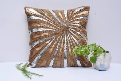 Handmade Golden Silver Pearl Beaded Cushion 16X16 Set of 2 Couch cushion - Image 1 of 4