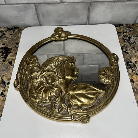 Vintage Art Nouveau Framed Woman's Face Round Brass  Mirror Cover