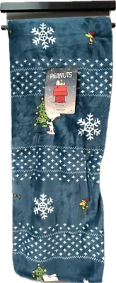 Deep Blue Peanuts Throw Holiday Snoopy and Snowflakes Blanket 50x70 inch - Image 1 of 3