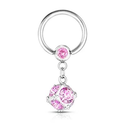 Par de anillos de cuentas cautivas colgantes de dados pavimentados de varias circonitas cúbicas 14G 1/2" anillo de pezón vientre Foto 1 de 4