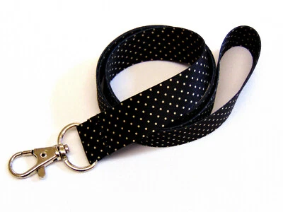 1mm polka dot black neck strap lanyard for ID, keys etc.Free UK postage