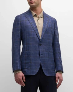 $1295 42L Peter Millar Lowel Plaid Sport Coat Navy Blue Wool Silk Linen Blazer - Picture 1 of 14