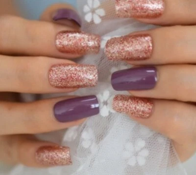 24PCS Purple Glitter Medium Coffin Press On Nails Fake Nails with glue - Image 1 of 4