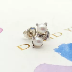 Pendientes David Yurman de plata de ley 925 pequeños de 6 mm con cable de perlas y diamantes - Imagen 1 de 7