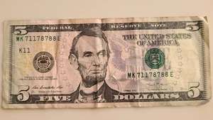 BILLETE DE CINCO DÓLARES TRINARY TRINARY ELEGANTE NÚMERO DE SERIE NOTA 187 - Imagen 1 de 2