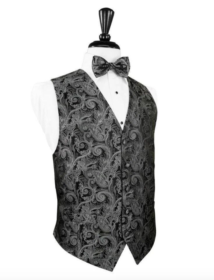 Silver Paisley Silk Tuxedo Vest and Pre Tied Bow Tie - Image 1 of 1
