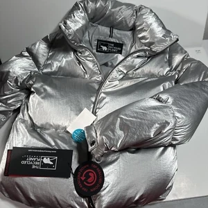 NWT Womens Recycled Planet Quilted Puffer Coat L Metallic Silver Parka - Picture 1 of 12