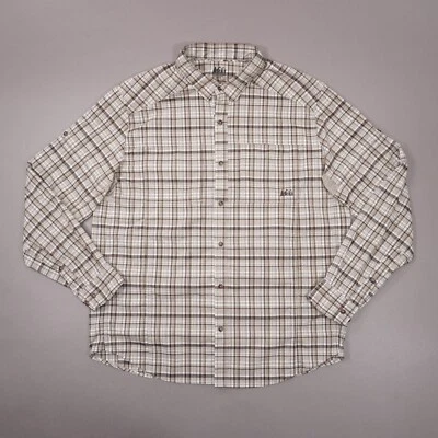Camisa REI Sahara Tech Manga Larga Ventilada Para Hombre Grande Beige Marrón Cuadros Elastizada Foto 1 de 4