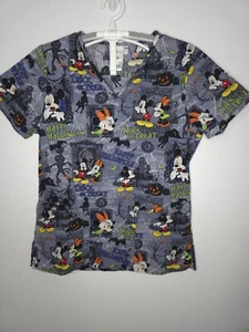 Disney Halloween Women XS Short Sleeve Mickey Minnie Gray Nurse Scrub Top - Picture 1 of 8