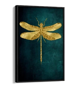 GOLD DRAGONFLY DARK TEAL BACKGROUND HOME DECOR FLOAT EFFECT CANVAS ART PRINT - Picture 1 of 12