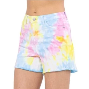 Pantalones Cortos de Denim Judy Azul Colorido Remolino Tie Dye Dobladillo Deshilachado Talla Mediana - Imagen 1 de 11