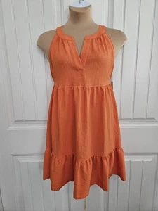 Calvin Klein Crepe Halter V Neck Tie Back Tiered Orange Tropical Dress Sz 8 NWT - Picture 1 of 8