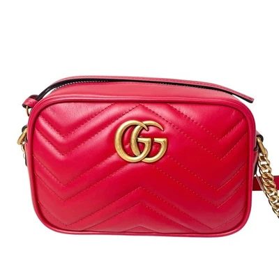 New Gucci Marmont Mini Crossbody Shoulder Bag Red Matelasse Leather - Image 1 of 4