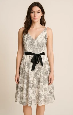 Adrianna Papell 6P Floral Chiffon Fit Flare Dress Black White Sleeveless Party - Image 1 of 4