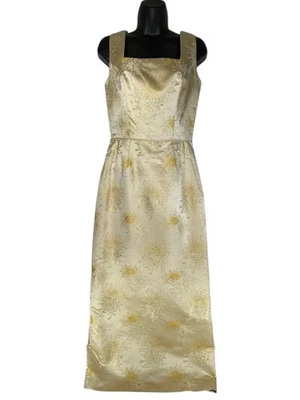 Vintage Hand Sewn Maxi Dress Sz 0/2 Gold Beige Brocade Floral Glittery Elegant - Image 1 of 4