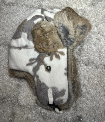 Mad Bomber Rabbit Fur Lined Trapper Hat White Winter Camo Hat Sz XL w/Ear Flaps - Image 1 of 4