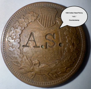 COOL, RARER COUNTER STAMPED INDIAN HEAD PENNY: 1904 "A.S." High Grade Details - Picture 1 of 7