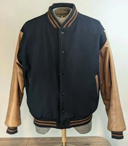Vintage Brooks Brothers Men's Varsity Leather Jacket Dark Blue Size Large - Picture 1 of 13
