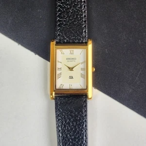 vintage Seiko Slim Tank Quartz Men White Dial Black Strap Dress Watch UK30 - Picture 1 of 7