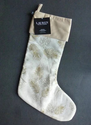 RALPH LAUREN Gold Pine CHRISTMAS STOCKING Evergreen Branches Pinecones - Image 1 of 4