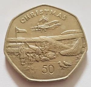 Moneda de 50 peniques de Navidad grande de avión AA Isla de Man De Havilland 1985 - Imagen 1 de 2