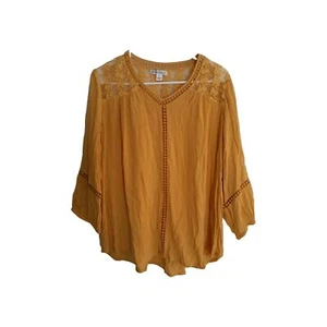 Womens L Boho Gauzy Crinkled Mesh Embroider Lace Blouse Yellow Gold Tunic Sale - Picture 1 of 8