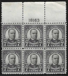 U.S., 1923, Scott #559, 7c McKinley, Top Plate Block of 6, Mint, Never Hinged - Picture 1 of 2
