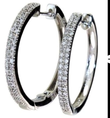 Diamond Earrings for Women 1/4 CT Sterling Silver 3/4 Inch Round Hoop Dangle - Image 1 of 4