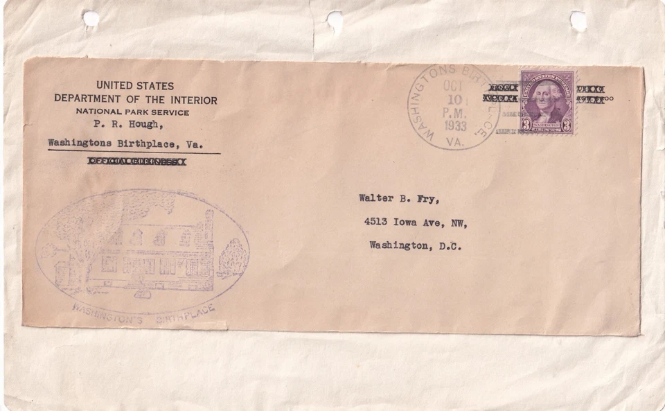 WASHINGTON D.C. DEPARTMENT OF THE INTERIOR P. R. HOUGH 1933 COVER RARE STAMP - Image 1 of 1